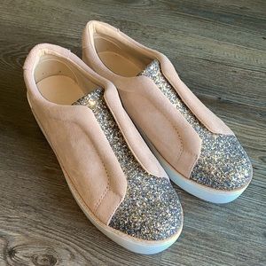 NWOT slip-on suede sneaker shoe. Natural color with metallic accent.